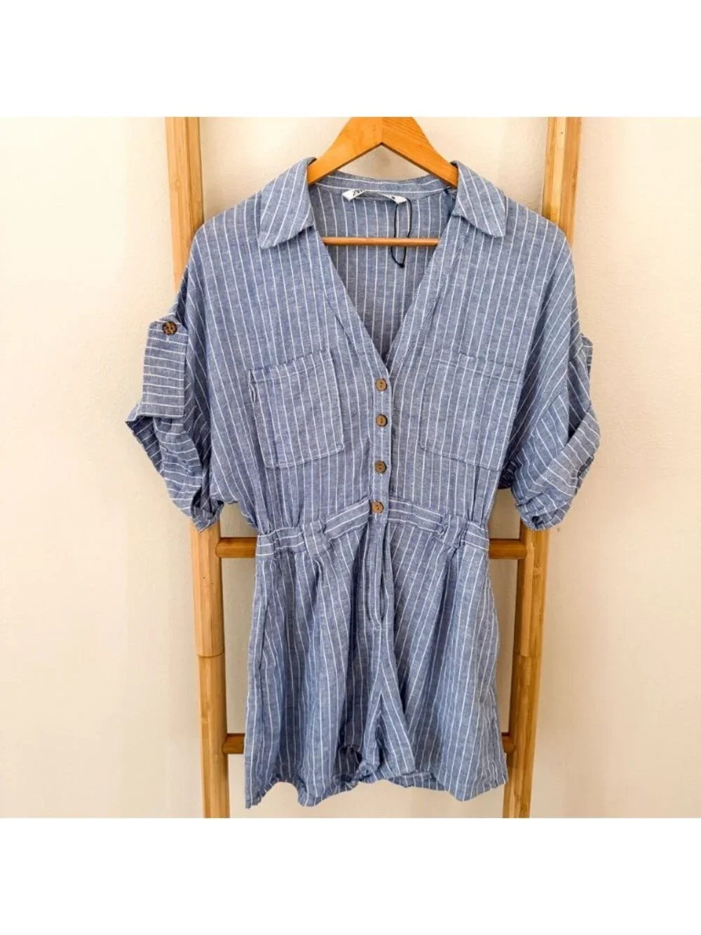 Zara Striped Linen Blend Short Romper Blue White Roll Tab Size Medium